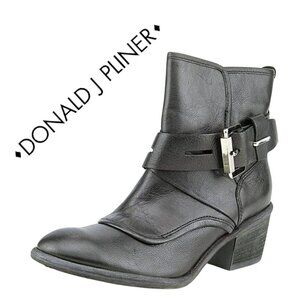 Donald J. Pliner, Diem, Moto Leather Buckle Block Heel Ankle Boot, Black, Silver